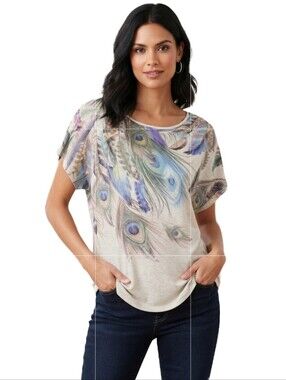 LEEBE Peacock Feather Print Flowy Dolman Sleeve Top Oatmeal Blue Green Size Med